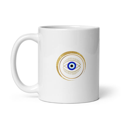 Taza blanca brillante - "Protección para los ojos"