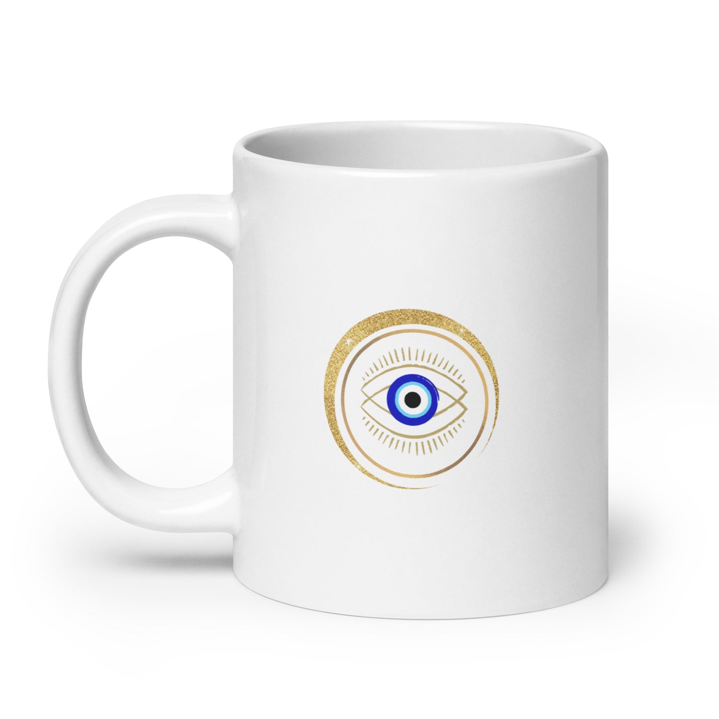 Taza blanca brillante - "Protección para los ojos"